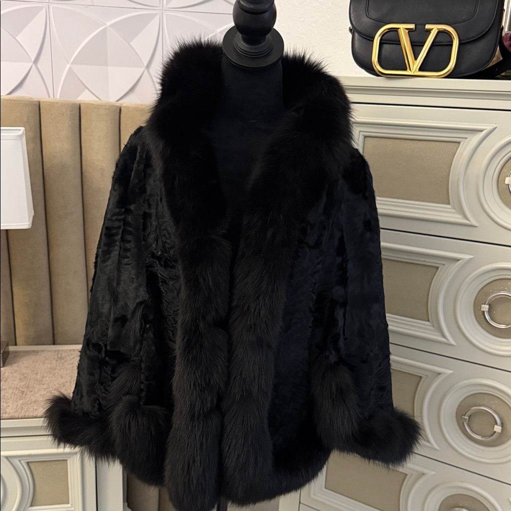 Real Fur Cape Trimmed In Black Fox